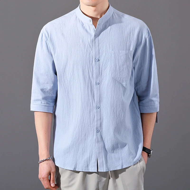 Three Quarter Sleeve Shirts Summer Cotton Linen Mens Solid Color Stand-Up Collar Casual Beach Style Shirt Tops 250225