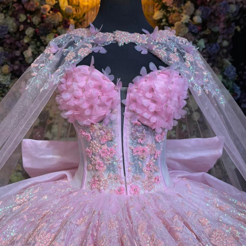 Pink Shiny Quinceanera Dresses Ball Gown Off The Shoulder Sequin Applique Lace Bow Beads Tull Party Birthday Sweet 16 Vestidos 15 De Anos