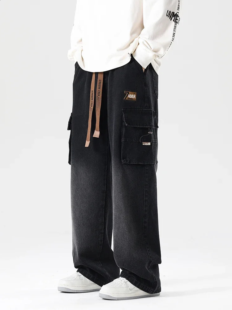 Autumn mens cargo jeans large pocket string wide pocket jeans brushed straight casual jeans 250226