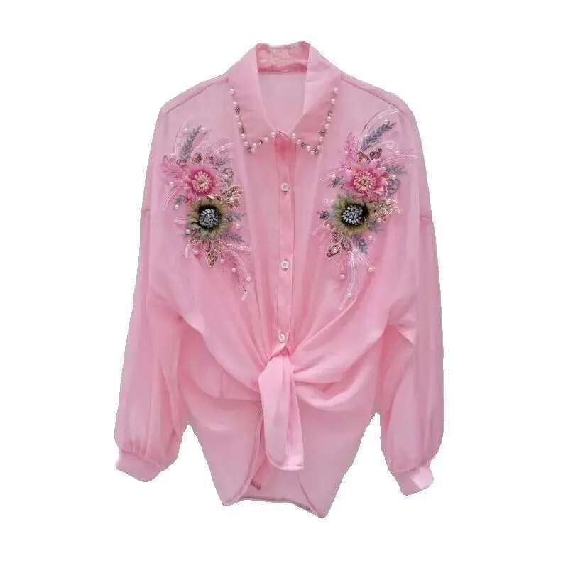 3D Wer Sun Protection Shirt Cardigan Women Heavy Industry Beads Dia-Embedded Blouse Sweet Loose Top