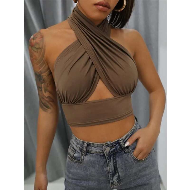 Summer Tank Women Solid Cross Halter Camis Backless Crop Tops Female Camisole Cropped Top Slim Sleeveless Streetwear