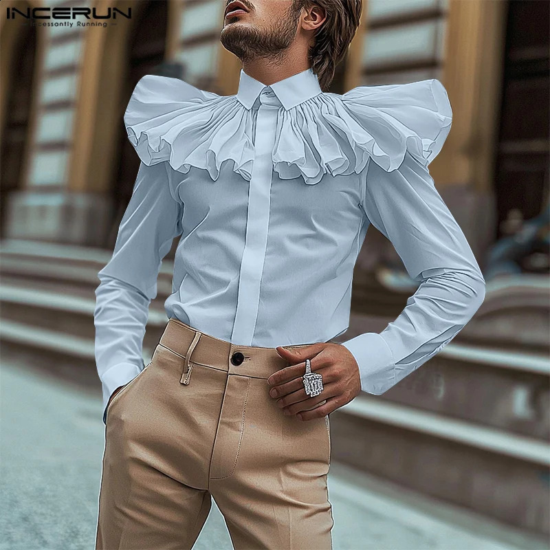 INCERUN Tops American Style Men Ruffled Courtly Style Shirt Casual Fashion Loose Solid Long Sleeved Blouse S-5XL 250225