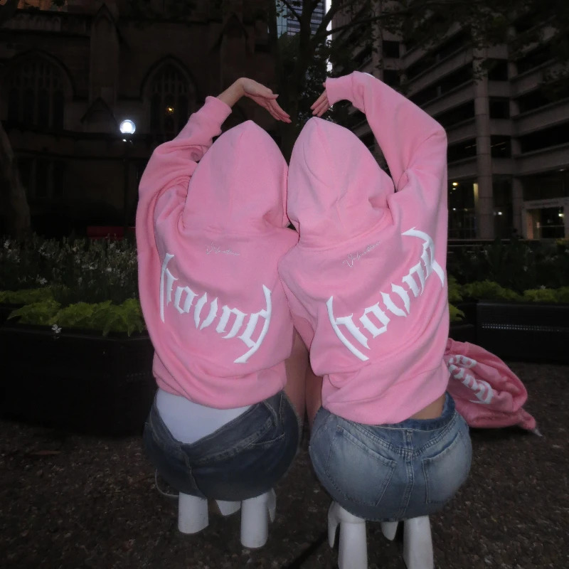 Y2K Valentine Pink Hoodie Harajuku High Street Foam Printing Men Women Streetwear Vintage Trendy Oversized Casual Pullover 250225