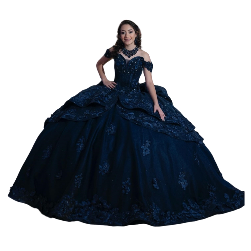 Dark Navy Quinceanera Dresses Off Shoulder Princess Prom Boutique Ball Gown Lace Appliques Beaded Bow Back Corset Sweet 16 Dress 2025