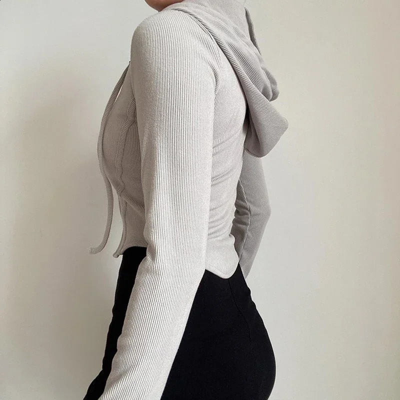 Streetwear Slim Fit Cropped Jacket Women Korean Fashion Long Sleeve Hooded Crop Top Woman Wild Ribbed Zipper Up Sweatshirt 250225