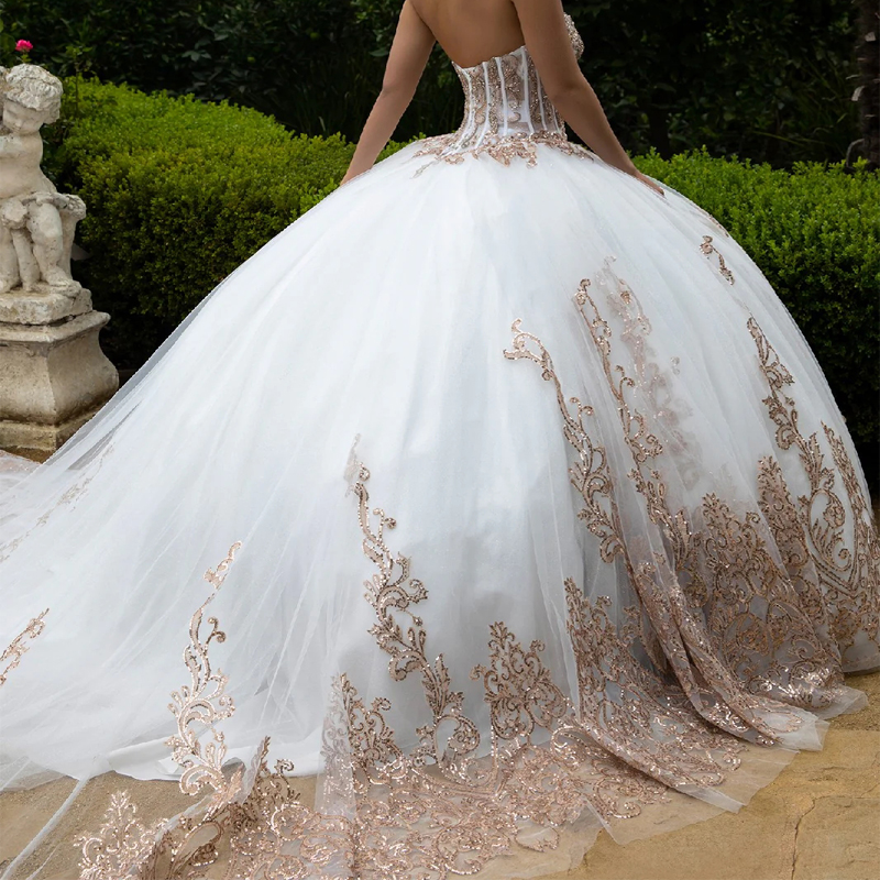 White Shiny Quinceanera Dresses Ball Gown Off Shoulder Applique Lace Beads Tull Corset Sweet 16 Dress Vestidos 15 De Anos