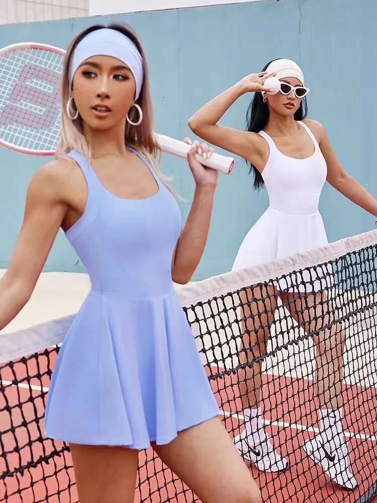 NADNABAO Women Sports Yoga Dresses Sleeveless Sportswear Backless Intersect Hollow Fashion Running Tennis Dress