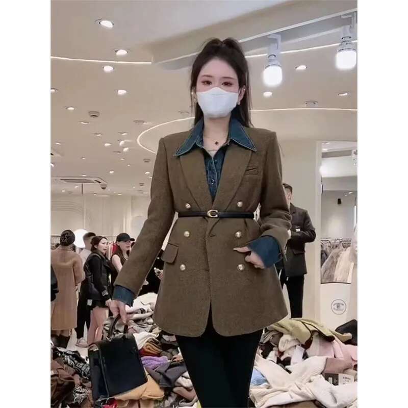 Vintage Elegant Female Wool Jacket 2025 New Temperament Double-Breasted Women Blazer Coat Autumn Winter Ladies Suit Tops Outerwe