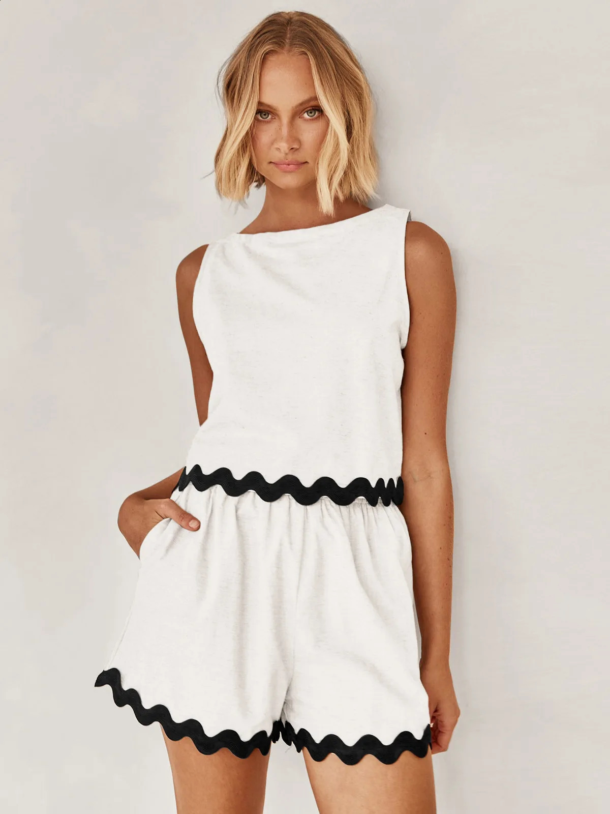 OSEN Casual Linen Women Suits 2 Pieces sleeveless topHigh Waist Wide Leg Shorts Fashion Summer Streetwear Sets 250225