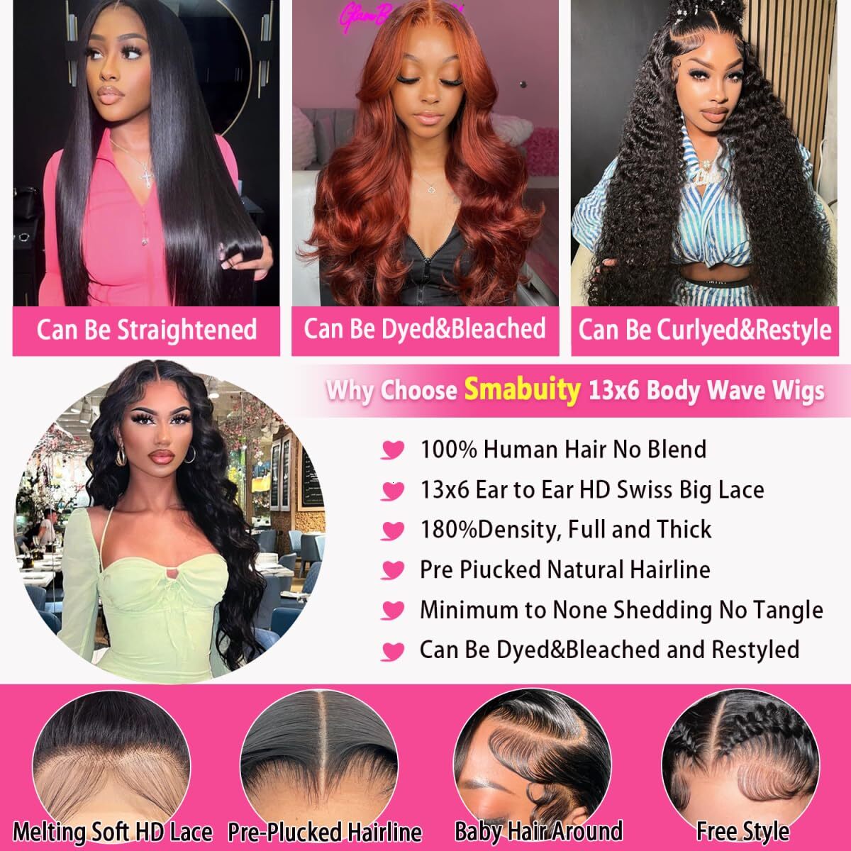 Smabuity 33.02 x 15.24 cm Body Wave Lace Front 180% Density Glueless Human Wig Strap Baby Hair 26 inches
