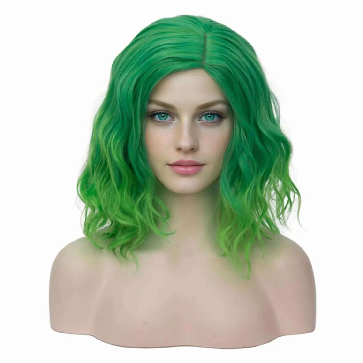 Synthetic Short Curly Bob Wavy Girls Ombre Green 14" Body Wave Shoulder Length Hair Wig Halloween Cosplay Daily Party Wigs
