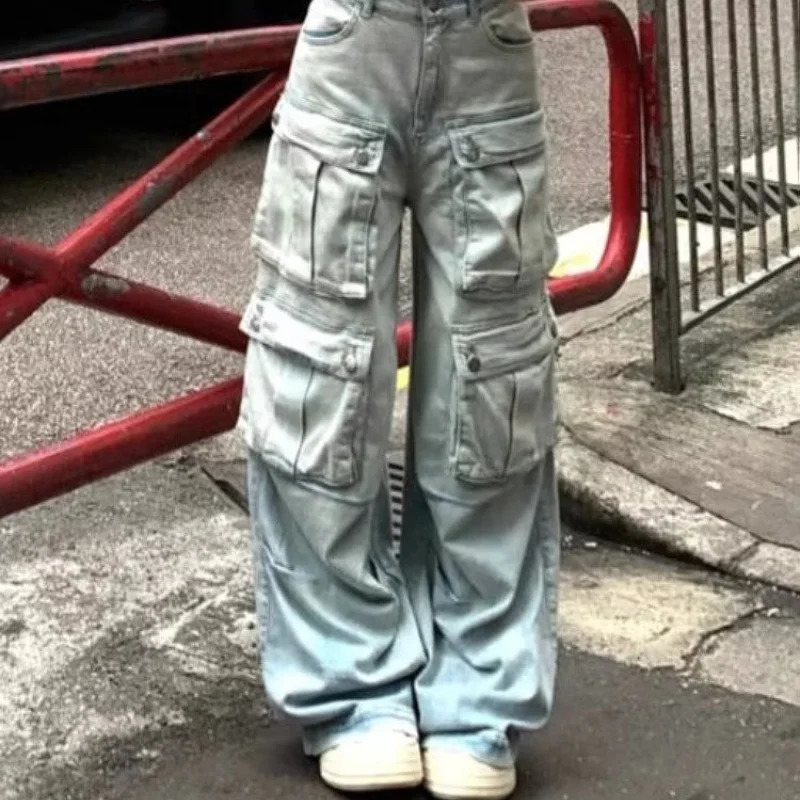 American Retro Multi Pocket Workwear Womens Jeans Sense Straight Tube Loose Wide Leg Pants Floor Length Pants Trendy 250224