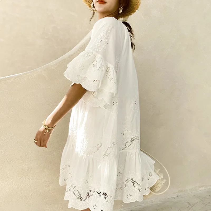 2024 Spring Summer Short Dress Solid Color Cotton Loose Waist White Lace Pullover Vacation Style 250227Z