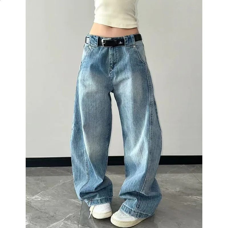American Fashion Blue Wash Wide Leg Jeans Women Y2K Retro Street Hip-hop Loose Harajuku Simple Casual High Waist Straight Jeans 250225