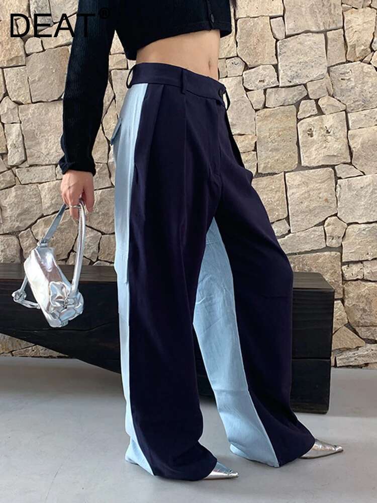DEAT Fashion Women's Pants Mid Waist Contract Color Folds Pockets Streetwear Straight Leg Trousers Spring 2025 New Tide 7Ab792