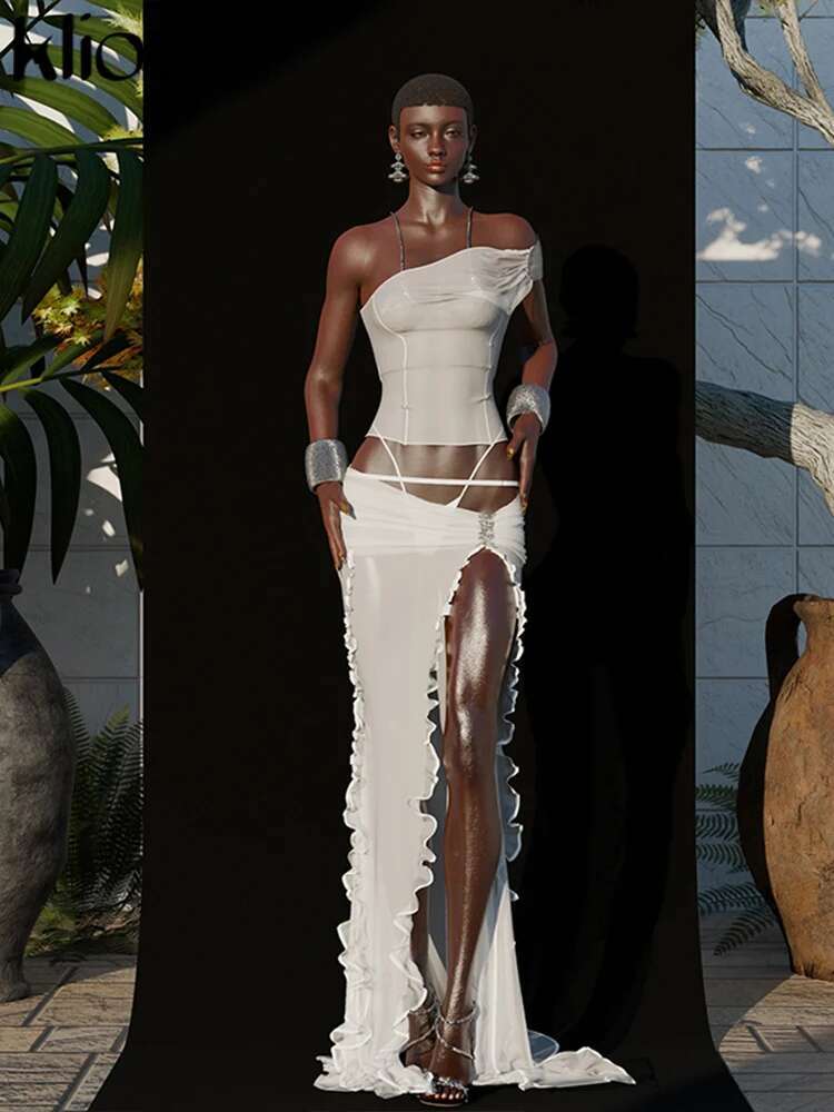 Kliou Mesh 3 Piece Set Women Sexy Vacation Slash Neck Tank Tops+Basic Underpants+Ruched Split Maxi Skirts Mujer Matching Suits