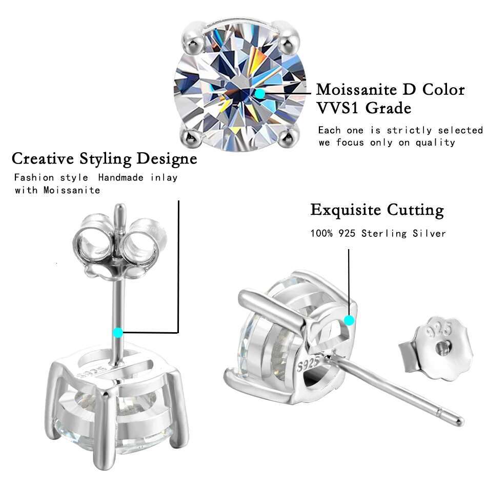 URMYLADY 2 Carat 8.0mm D Color Moissanite Stud Earrings For Women Top Quality 100% Sterg Sier Sparkg Wedding Jewelry