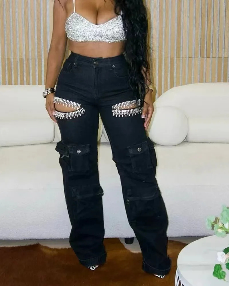 Shiny Rhinestone Multi Pockets Jeans Cargo Pants Sexy Women Elegant Hollow Out Diamonds Denim Straight Trousers 250224