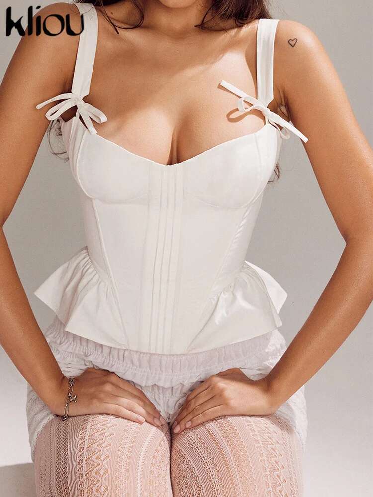 Kliou Ruffle Women Tops Cute Romantic New Summer Popular Bows Bandage Tassel Back Zip-Up Crop Camis Girls Hipster Street Vests