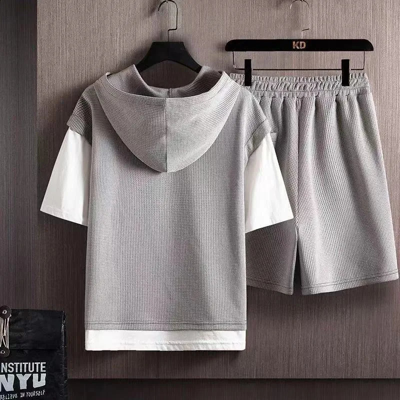 Summer Mens Fashion waffle short sleeved T-shirt two-piece mens casual and comfortable plus size high-quality sports set 5XL 250225