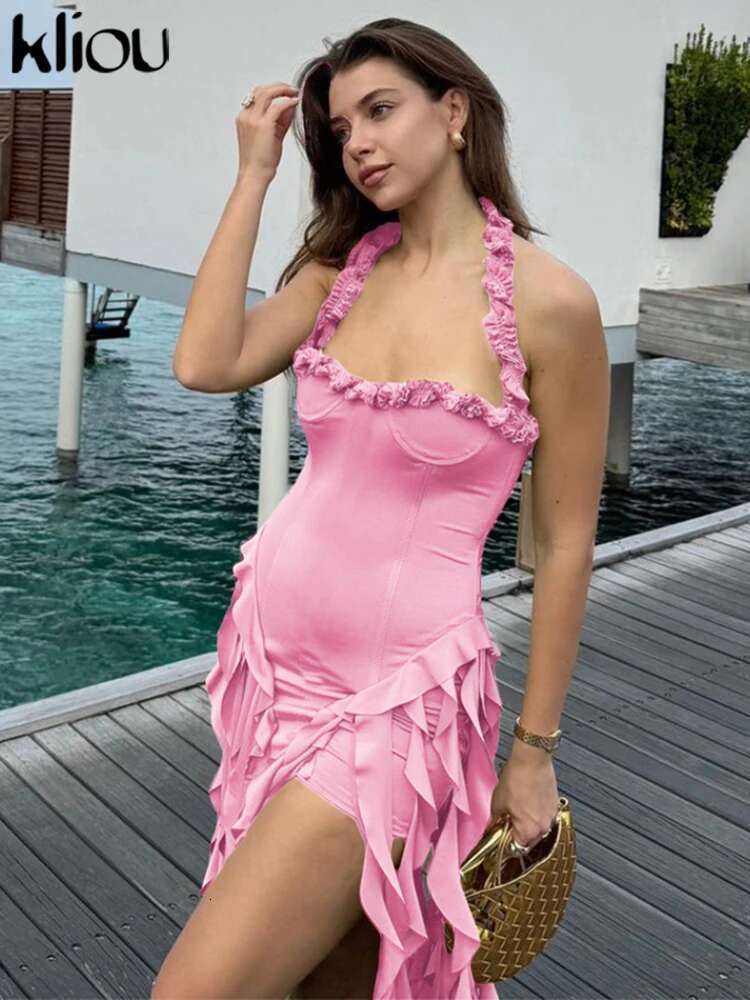 Kliou 2024 Summer New Style Women Fashion Street Shooting Pure Desire Sexy Irregular Slim With Neck Hanging Dress K24d45049