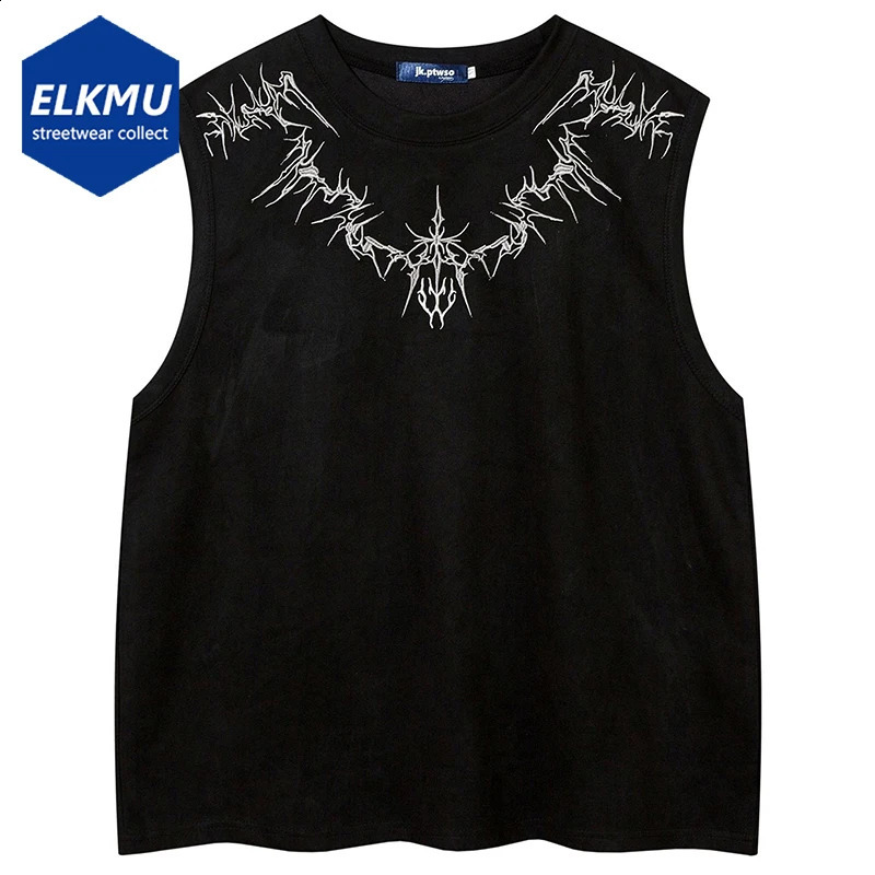 Vintage Suede Tank Top Y2K Embroidery Sleeveless Vest T-Shirt Streetwear Men Harajuku Hip Hop Loose Punk Gothic Tops Shirts 250226