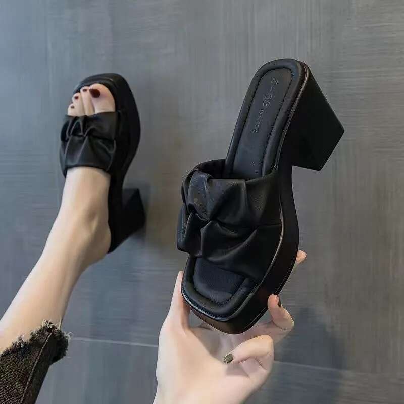 Casual Summer High-heeled Women Fish Mouth Ladies Shoes on Sale 2025 Fashion New Square Toe Anti-wrinkle Women's Slippers 's