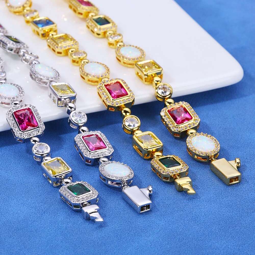 Multi Colored Gem Stone Chain White Gold Plated Vintage Women Choker Jewelry Colorful Rainbow Gemstone Bracelet Necklace Men