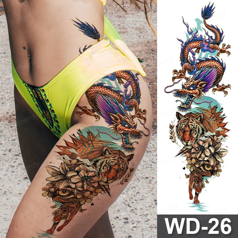 Large Full Arm Sleeve Temporary Tattoo Stickers Leg Thigh Waist Body Art Men Women Tattoos Snake Peony Carp Dragon Rose 250219