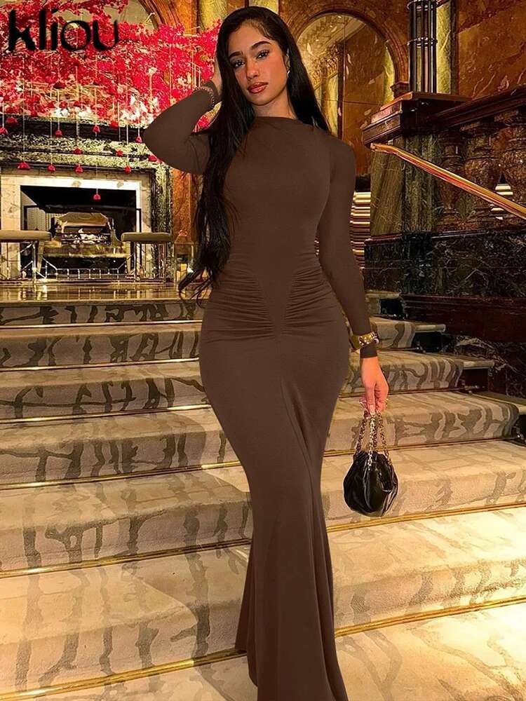 Kliou Earlier Autumn Women Dresses Casual Solid Full Sleeve Round Neck Shirring Sheath Vestidos Mujer Classic Street Club Robe