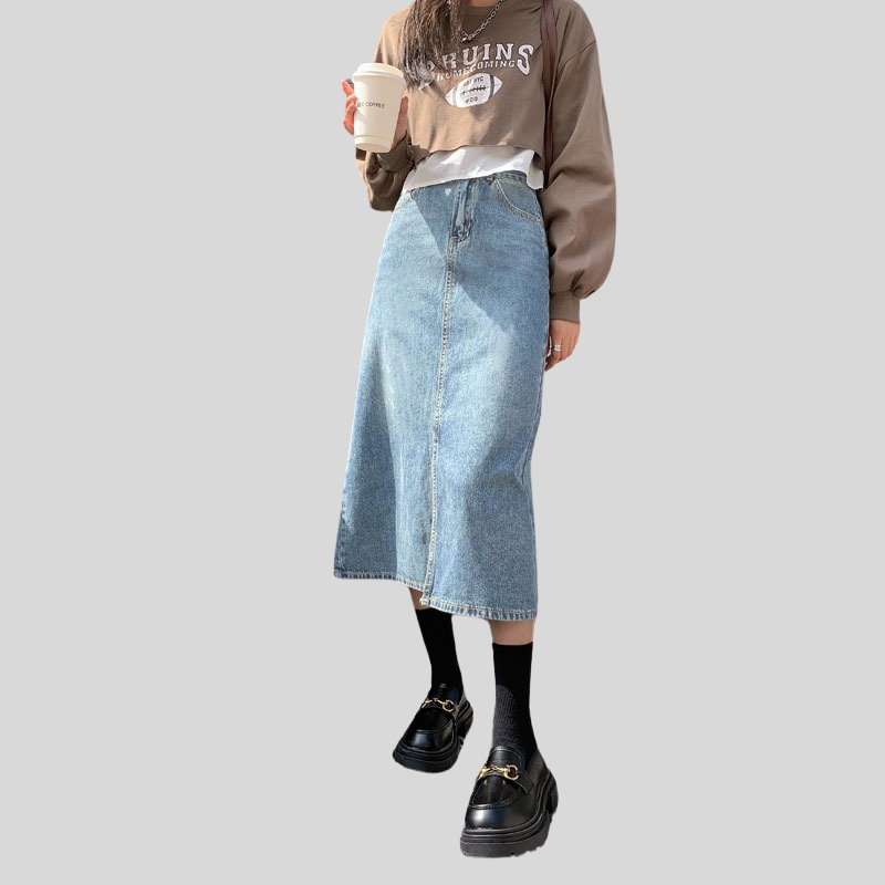 Spring women's clothing medium and long skirt high waist and thin A-shaped skirt spring clothing new denim split skirt