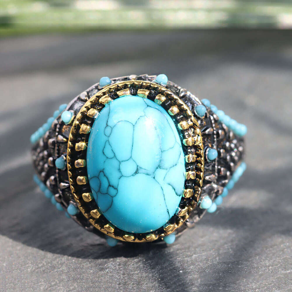 Personalized ethnic style turquoise men's alloy electroplating two-color ring bracelet