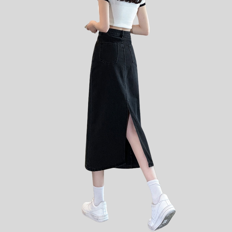 Spring women's clothing medium and long skirt high waist and thin A-shaped skirt spring clothing new denim split skirt