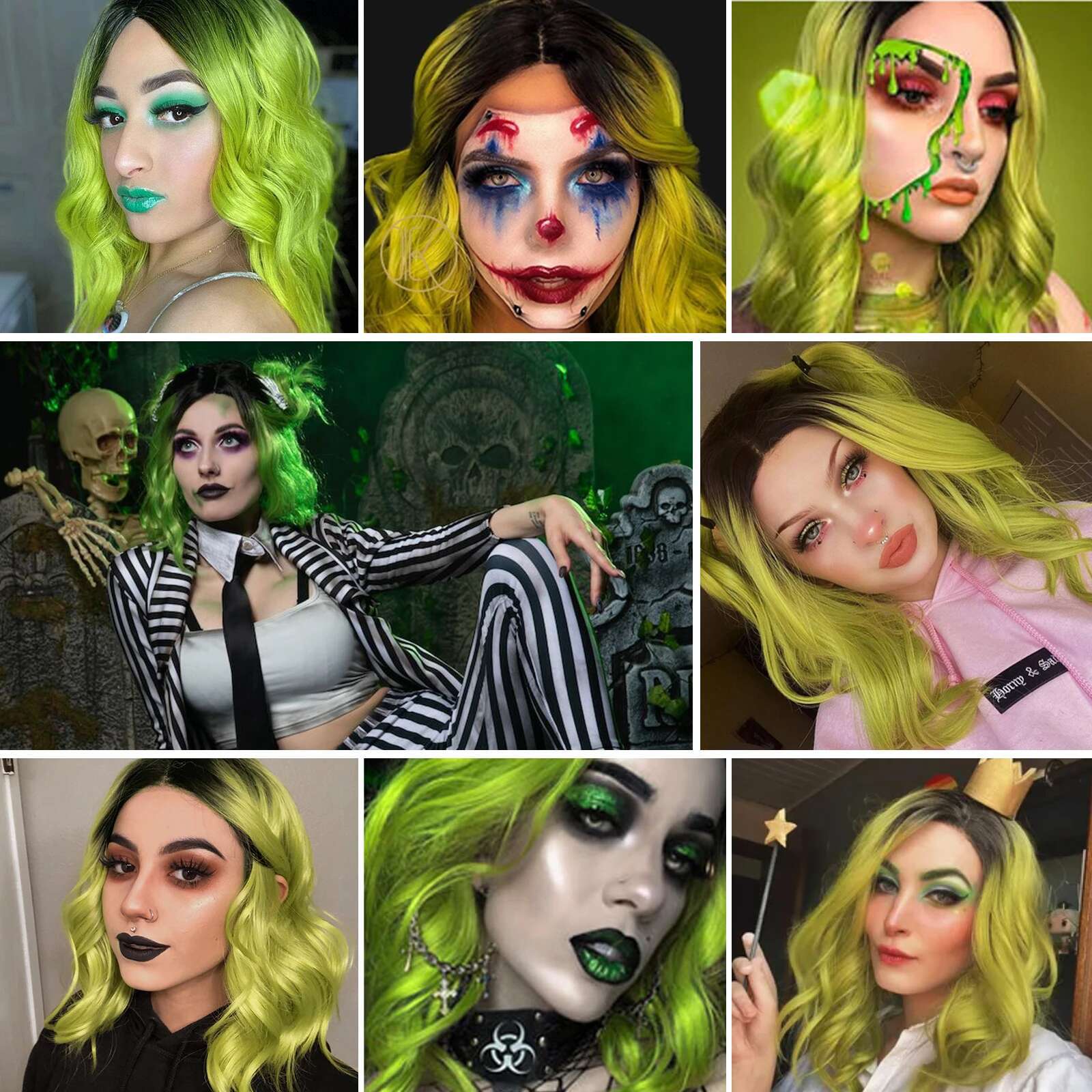 Green Bob For Women Synthetic Short Wavy Curly Ombre Wigs St.Patrick's Day Party Halloween Cosplay Wig