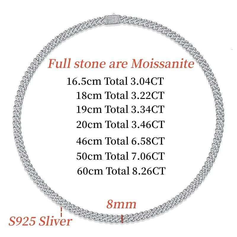 Full Real Moissanite Hip Hop Necklaces For Men Women VVS1 Dia S Sterg Sier 8mm Cuban Teenis Neck Chain Gifts Jewelry
