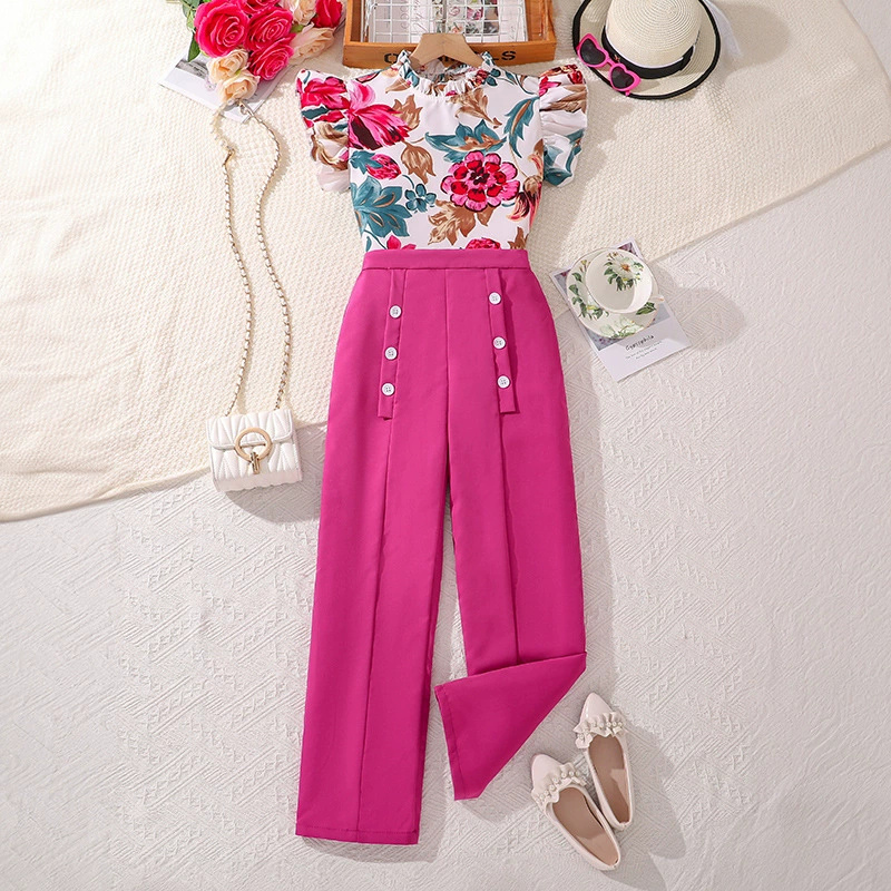 Kids Clothing Sets For Girls Sleeveless Flower Print Top And Solid Color Pants Stylish Girls Vacation Holiday Outfits Kids Suits D263