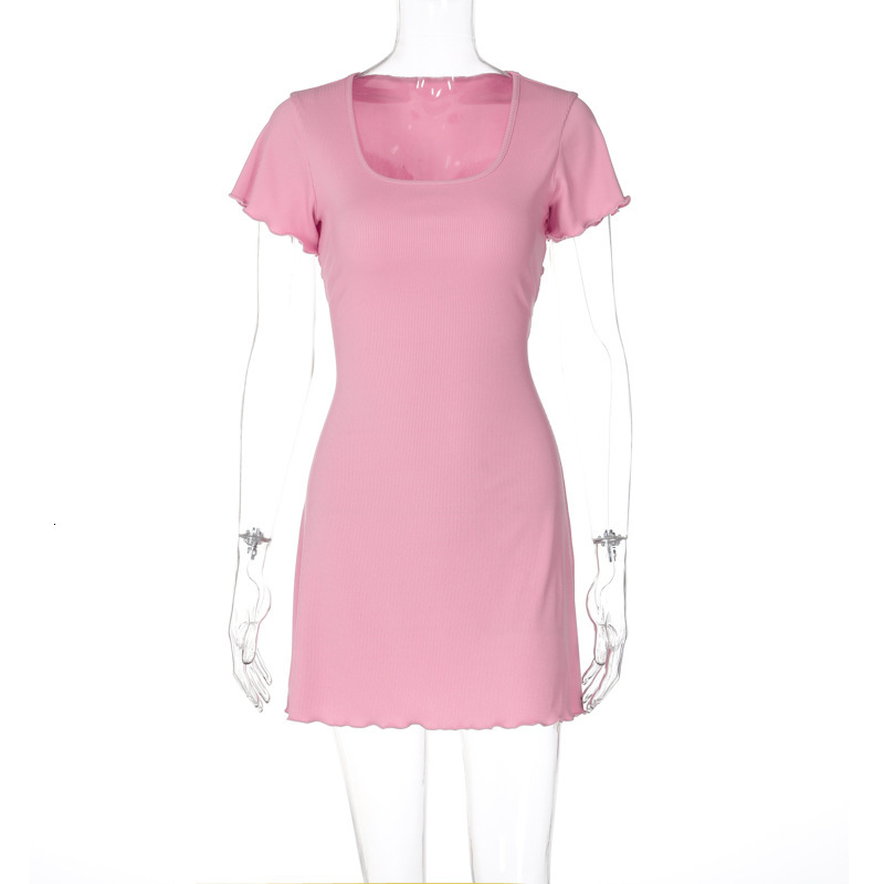 Wind Women's Clothing New4 Summer New Product Fashion Street Photography Solid Color Slim Fit Wave Edge Short Sleeved Dress