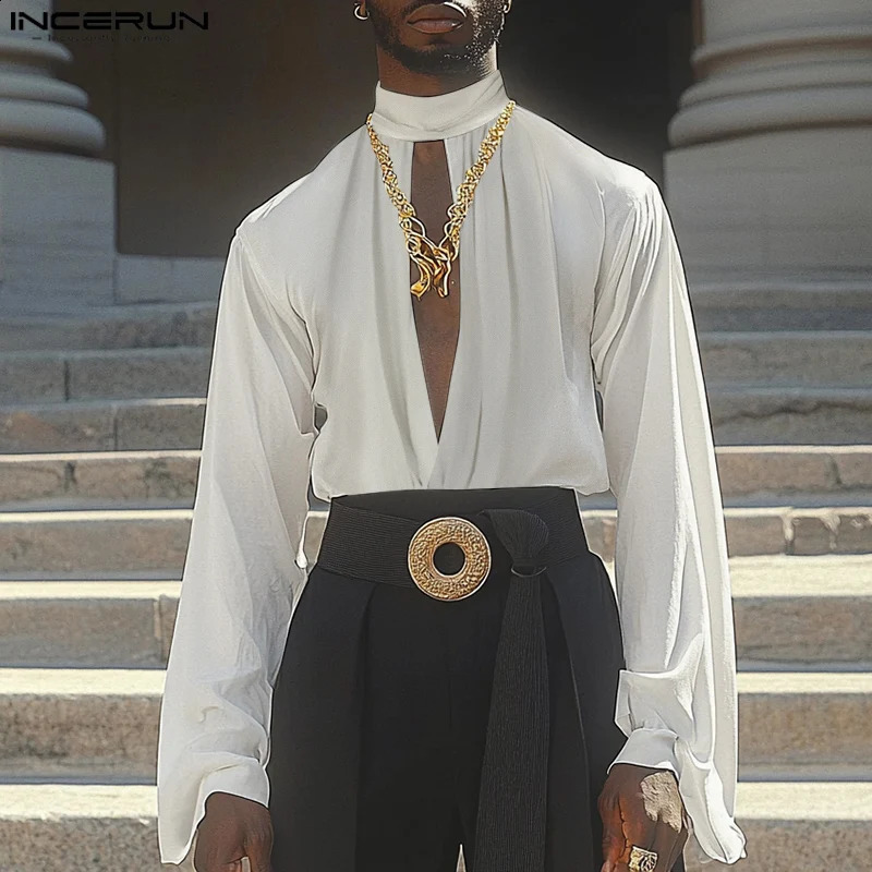 Casual Stand Collar Hollow Blouses INCERUN Men Long Sleeved Solid Color Shirts Fashion Loose Ruffled Edge Blouses 250224