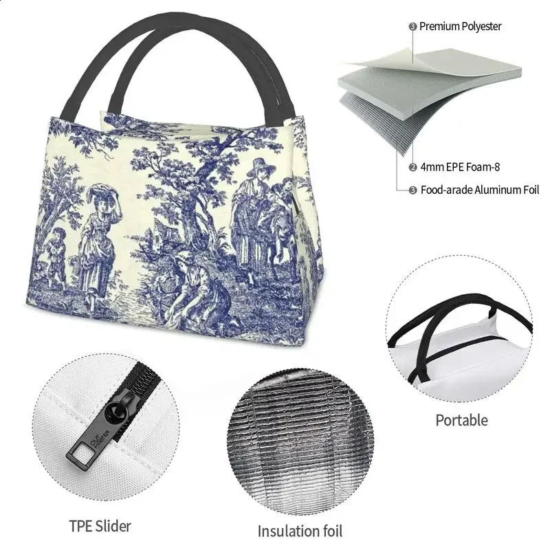 Toile De Jouy Blue Portable Lunch Box French Navy Blue Thermal Cooler Food Insulated Lunch Bag Hospital Office Pinic Container 250228