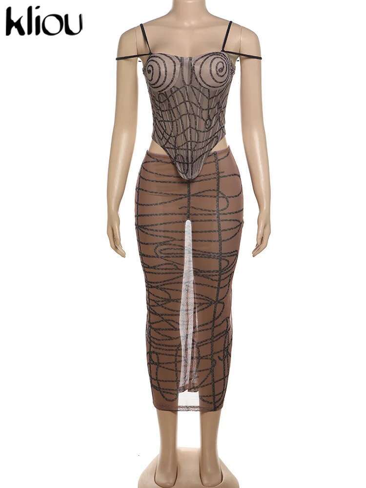 Kliou Summer Women Ankle-Length Sexy Mesh Two Piece Set K24s45555 Girl Striped Camis Slimming Tube+Hip Skirt Matching Attirewear