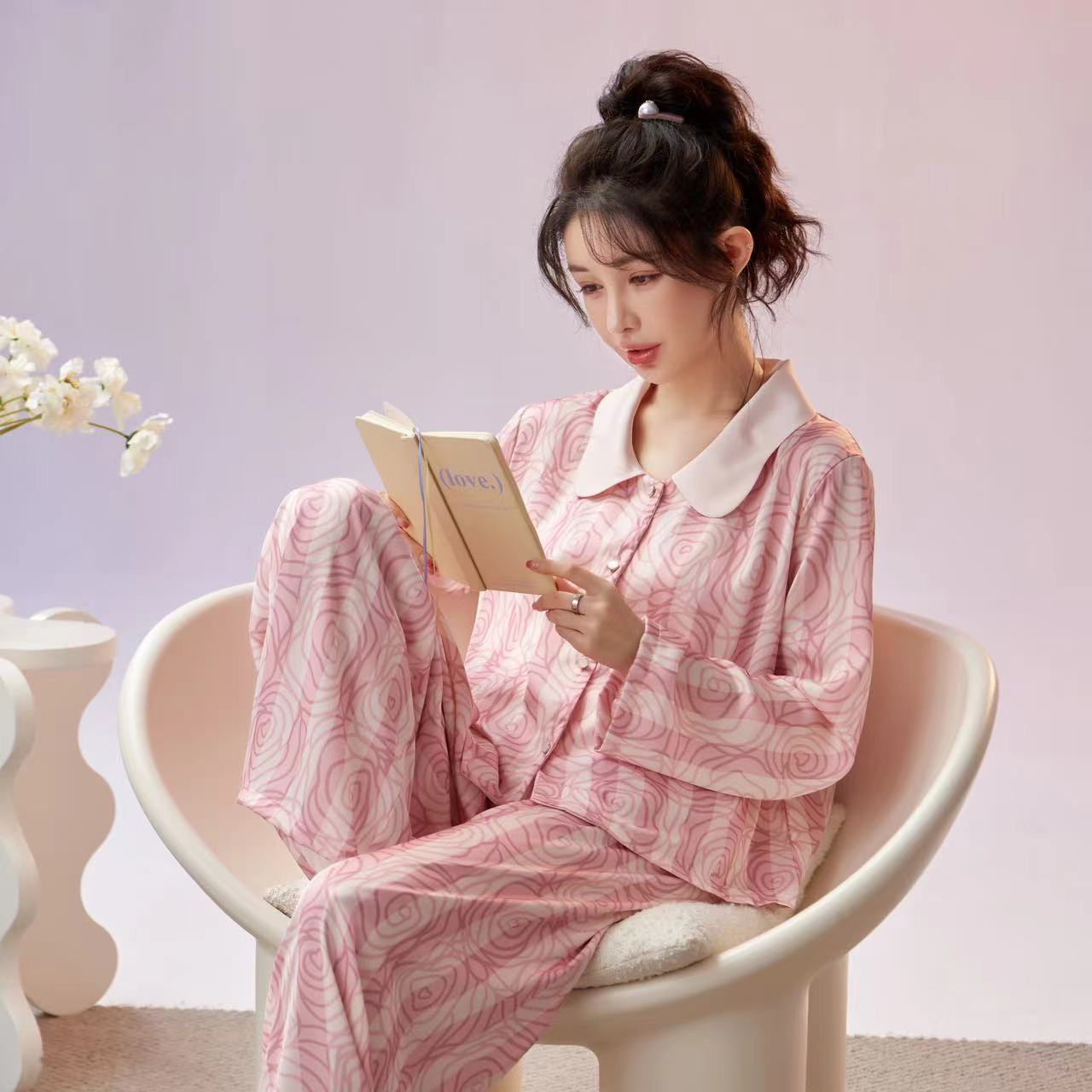 B740-Spring and summer pajamas women's suit rose pink stripes loose willow silk long sleeves thin home clothes pajamas