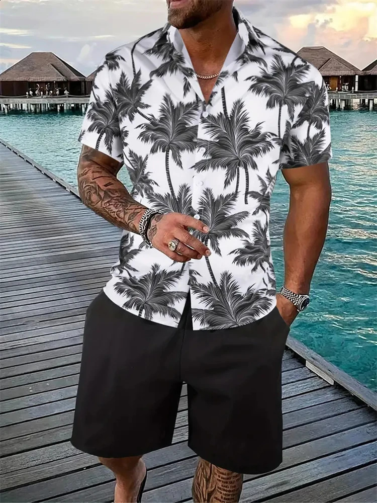 Men Coconut Print Shirt Set High Quality Fashion Trend Shorts Hawaiian Style Leisure Pool Top Outdoor Beach 2-Piece Set 250225