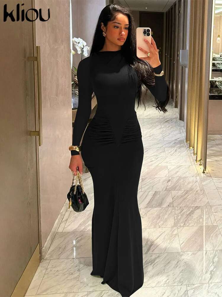 Kliou Earlier Autumn Women Dresses Casual Solid Full Sleeve Round Neck Shirring Sheath Vestidos Mujer Classic Street Club Robe