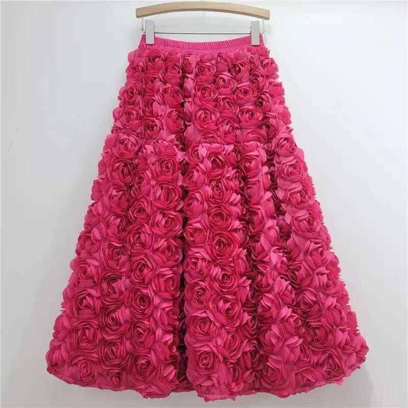 3D Wer Design Loose Red Ball Gown Skirts High Waist Big Size Skirt Women 2024 Autumn New Tide All-Match Clothing O147