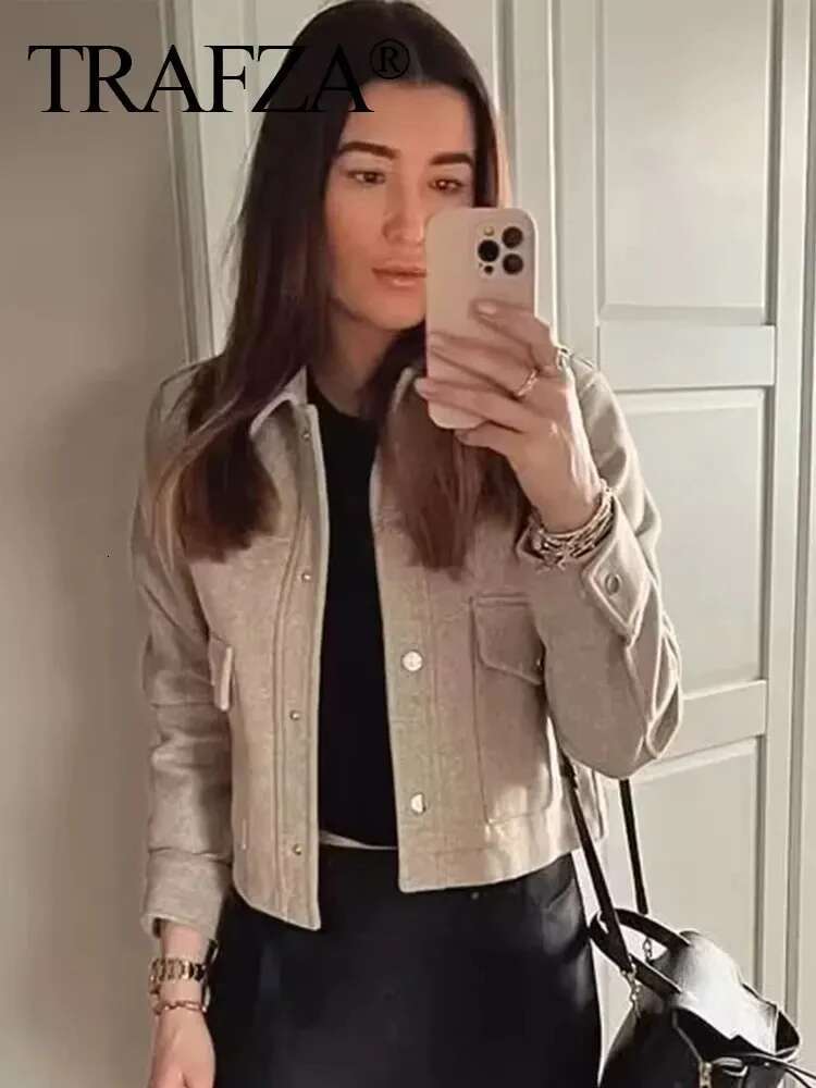 TRAFZA 2024 Autumn Winter Female Street Fashion Solid Jackets Causal With Pockets Button Turn Down Collar Elegant Coats