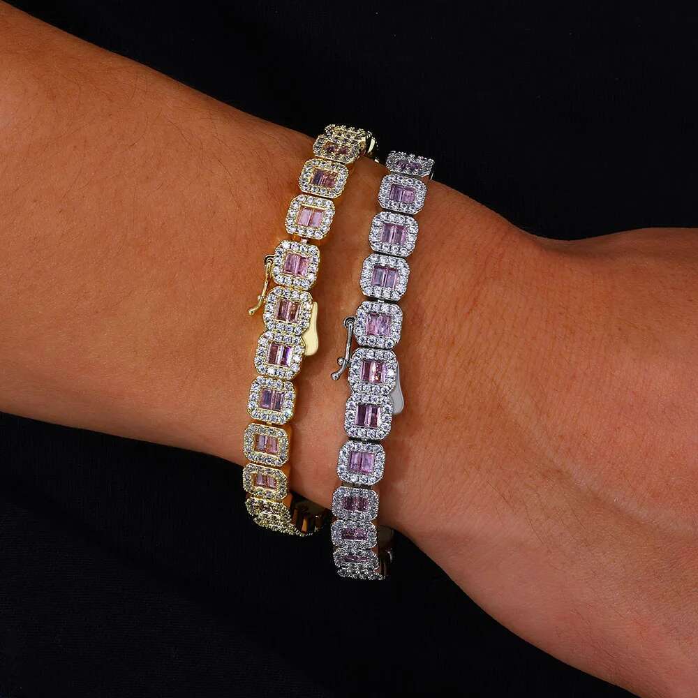 HHIOK Baby Pink CZ Tennis Choker Square Round AAAAA Zirconia Bg Necklace Bracelet Rapper Jewelry