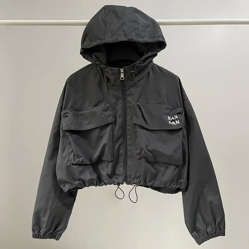 Designer women's jacket outdoor hooded windbreaker black short zipper sports casual wear