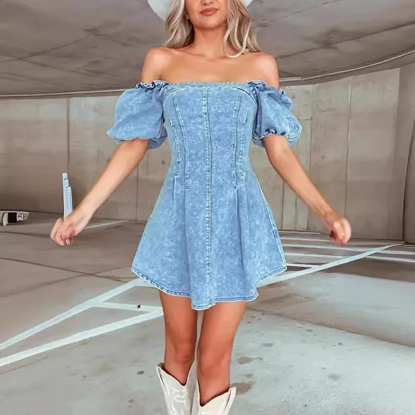 Cowboy dress sleeveless retro Distressed mini Puff sleeves backless denim Aline sexy womens Vestidos streetwear 250227Z