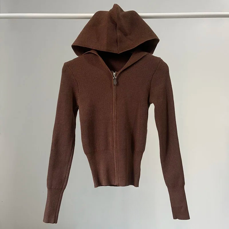 Hooded Slim Solid Cropped Zipper Cardigan Women Crochet Knitwear Knitted Top Jacket Korean Gray Black Beige Brown