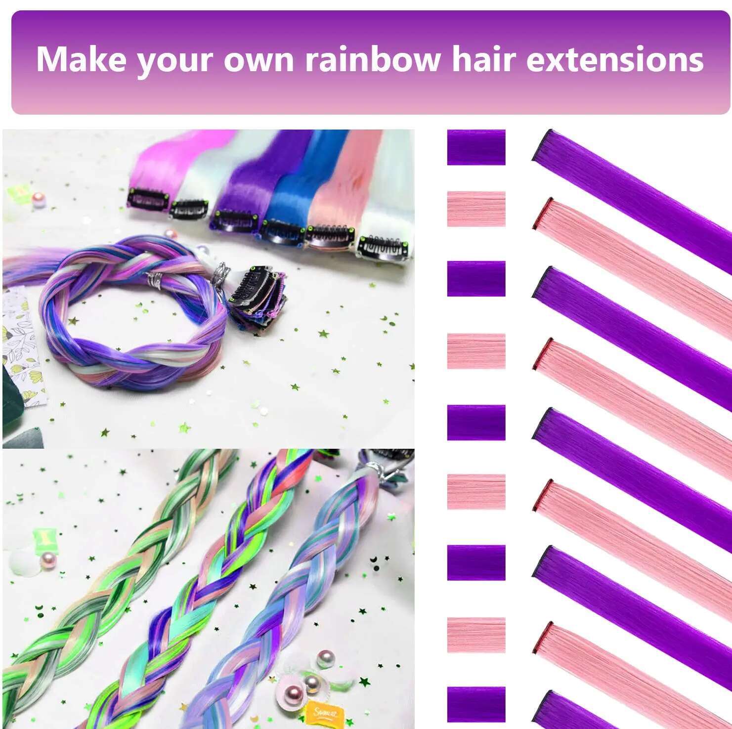 Synthetic Colored 10 PCS Clip In Hair Extensions Party Colorful Hairpieces For Christmas Girls Women Kids Gifts